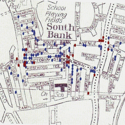 The map of South Bank shows current shops/businesses (red dots) and former shops (blue dots).